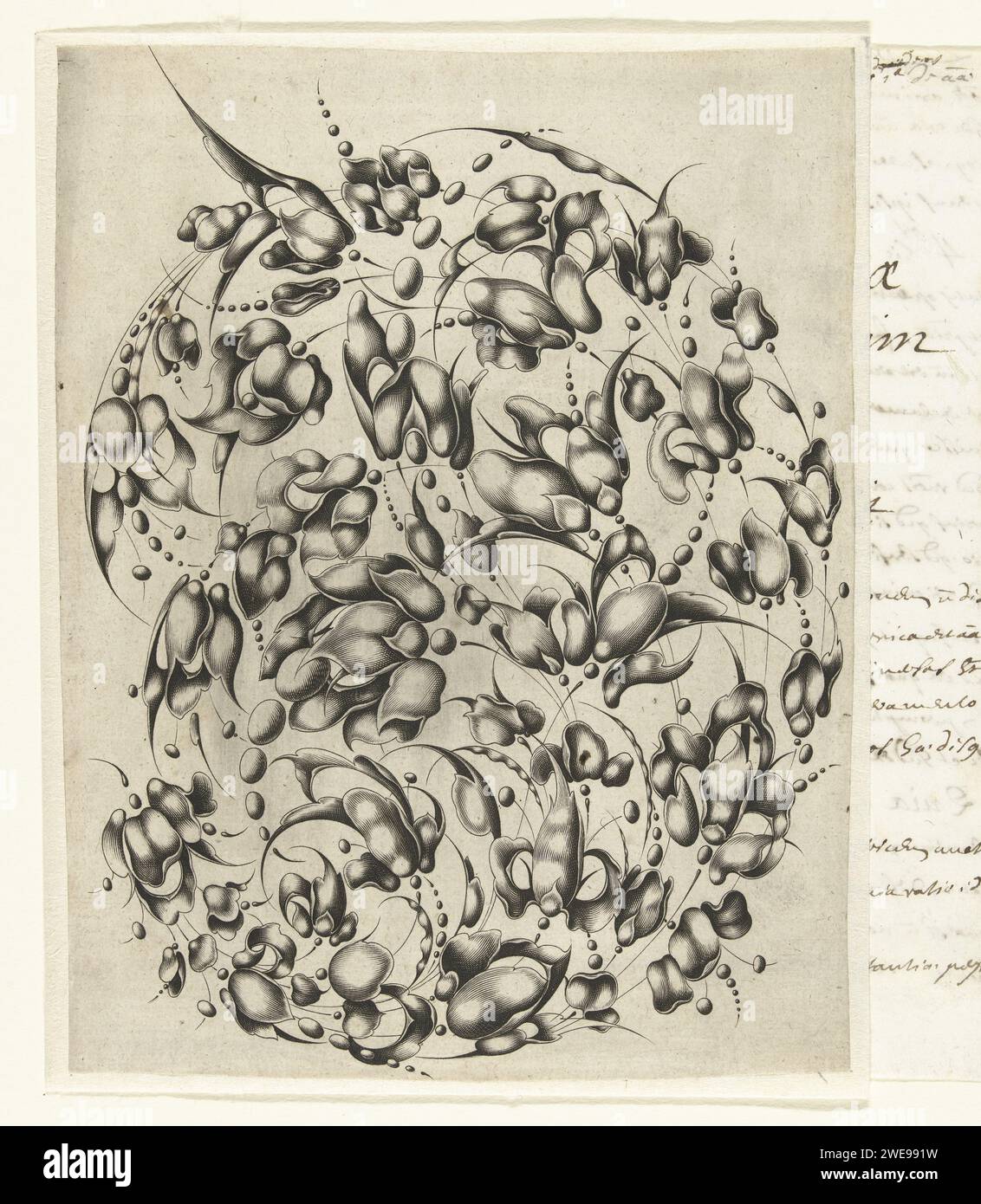 Bouquet Goudsmides avec fleurs et feuilles stylisées, Willem Hondius, d'après Jacques Caillard, 1638 impression jointe est une feuille avec texte latin manuscrit sur le devant et le dos. De la série de 6 feuilles avec copies opposées à la série originale de 1627. Deuxième édition. Imprimeur : The Hagueafter design by : Parispublisher : Amsterdam gravure sur papier Banque D'Images