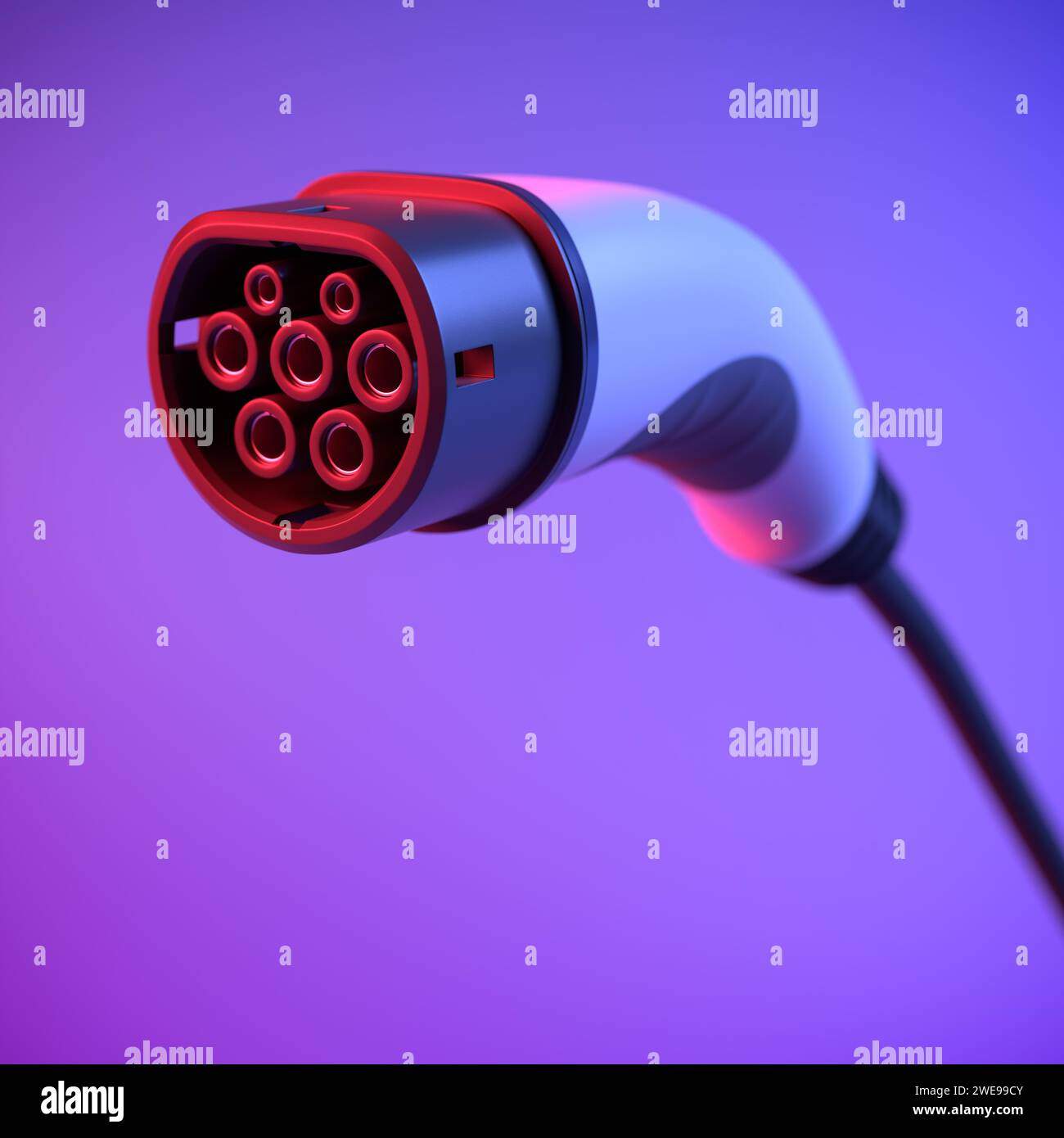 Le connecteur de charge AC officiel européen pour les véhicules électriques appelé IEC 62196 Type 2. Mise au point sélective. Éclairage bicolore en rouge et bleu. Banque D'Images