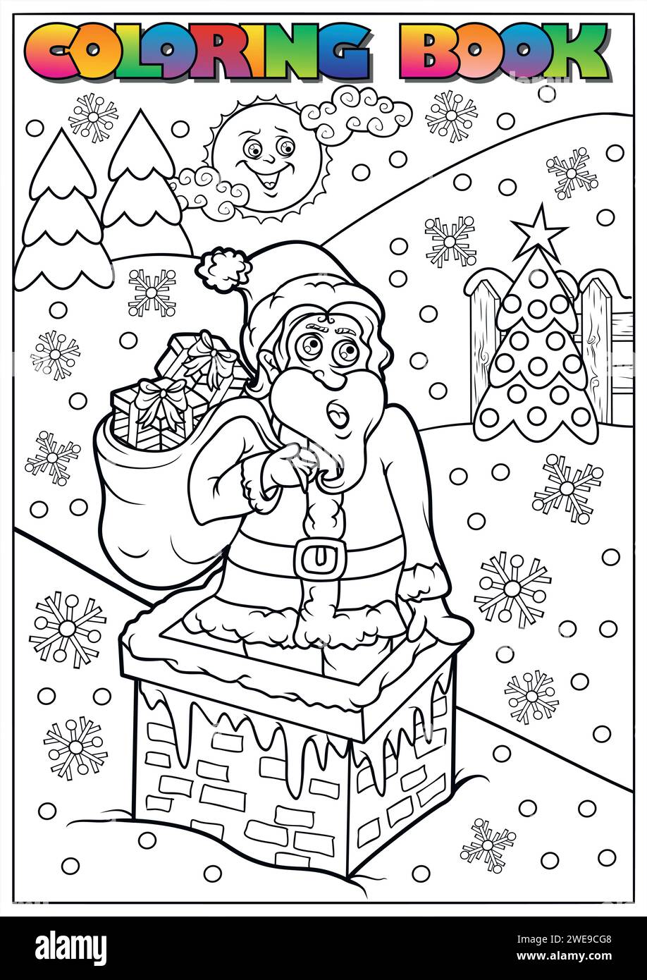 Livre de coloriage d'hiver pour enfants - Père Noël avec un sac de cadeaux et une cheminée Illustration de Vecteur