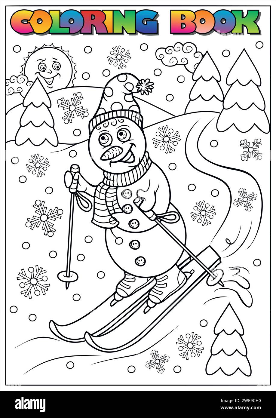 Livre de coloriage hivernal pour enfants - bonhomme de neige sur skis Illustration de Vecteur