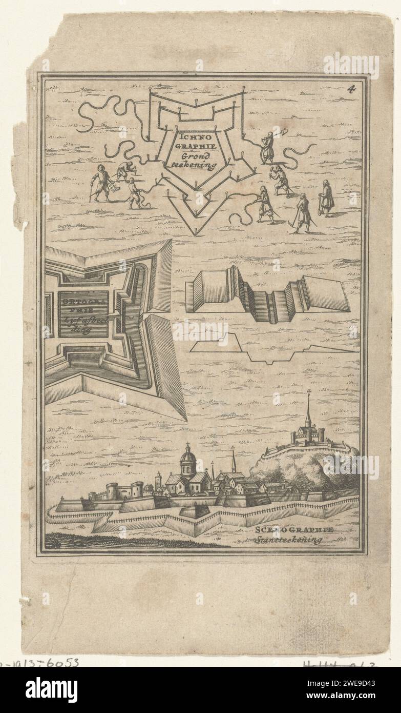 Illustration pour 'le travail de Mars' par Allain Manesson Mallet, Romeyn de Hooghe, 1672 imprimer Un groupe d'hommes sont occupés à tracer les contours d'une forteresse, d'un fort ou d'un renfort (pentagone). Cela comprend un plan d'étage pour une forteresse, fort ou renforcement (carré) et deux profils. Là encore sous un visage sur une ville. Dans le coin en haut à droite, le numéro 4 (= le numéro de la page dans le livre par contre l'illustration a été placée). Amsterdam papier gravure / gravure fortifications, génie militaire. mathématiques. perspective de ville, panorama de ville, silhouette de ville. montage Banque D'Images