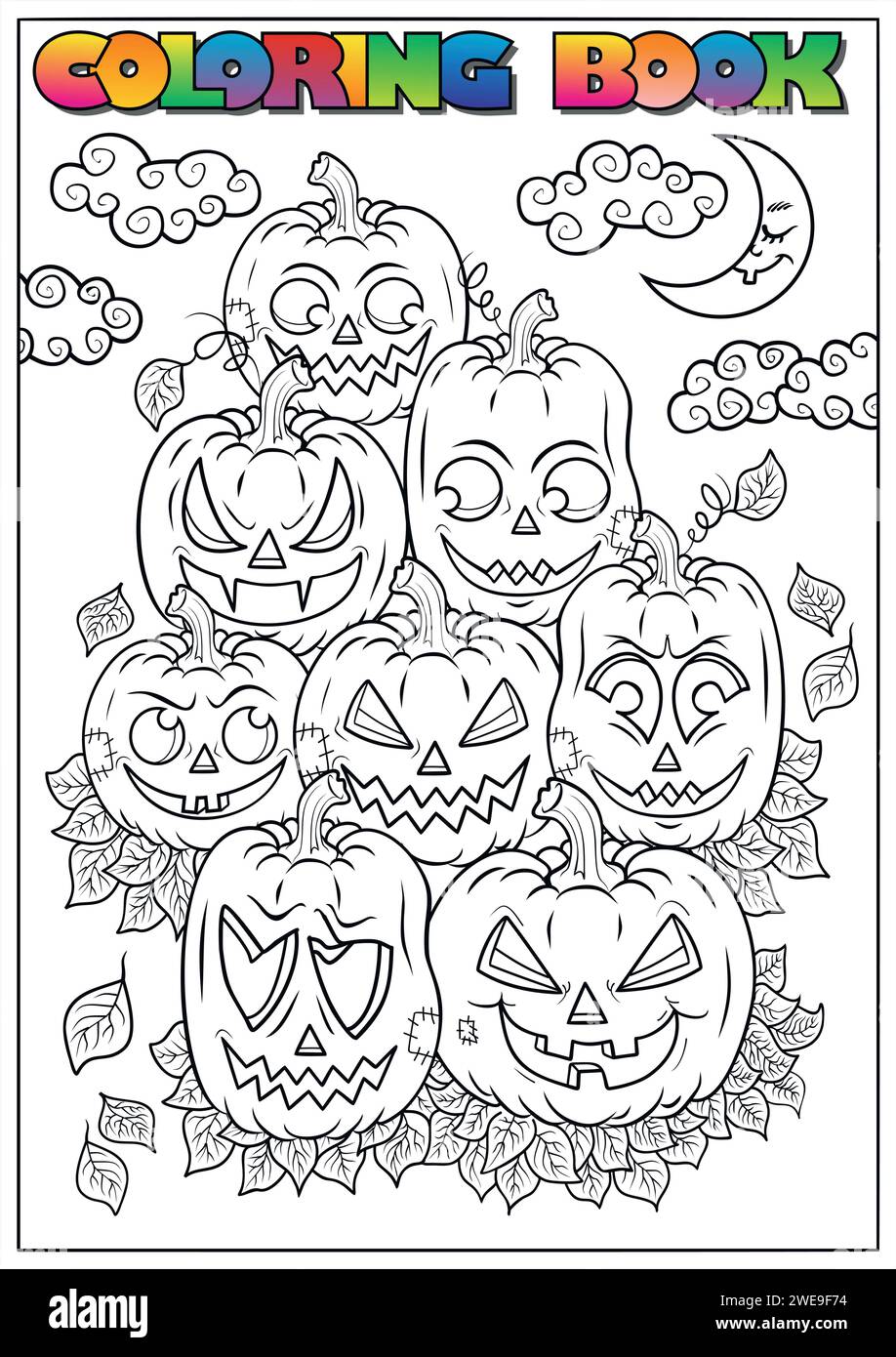Livre de coloriage pour enfants pour Halloween, momie, crâne, tombe, citrouille, chauve-souris, lune, nuage - thème Halloween Illustration de Vecteur