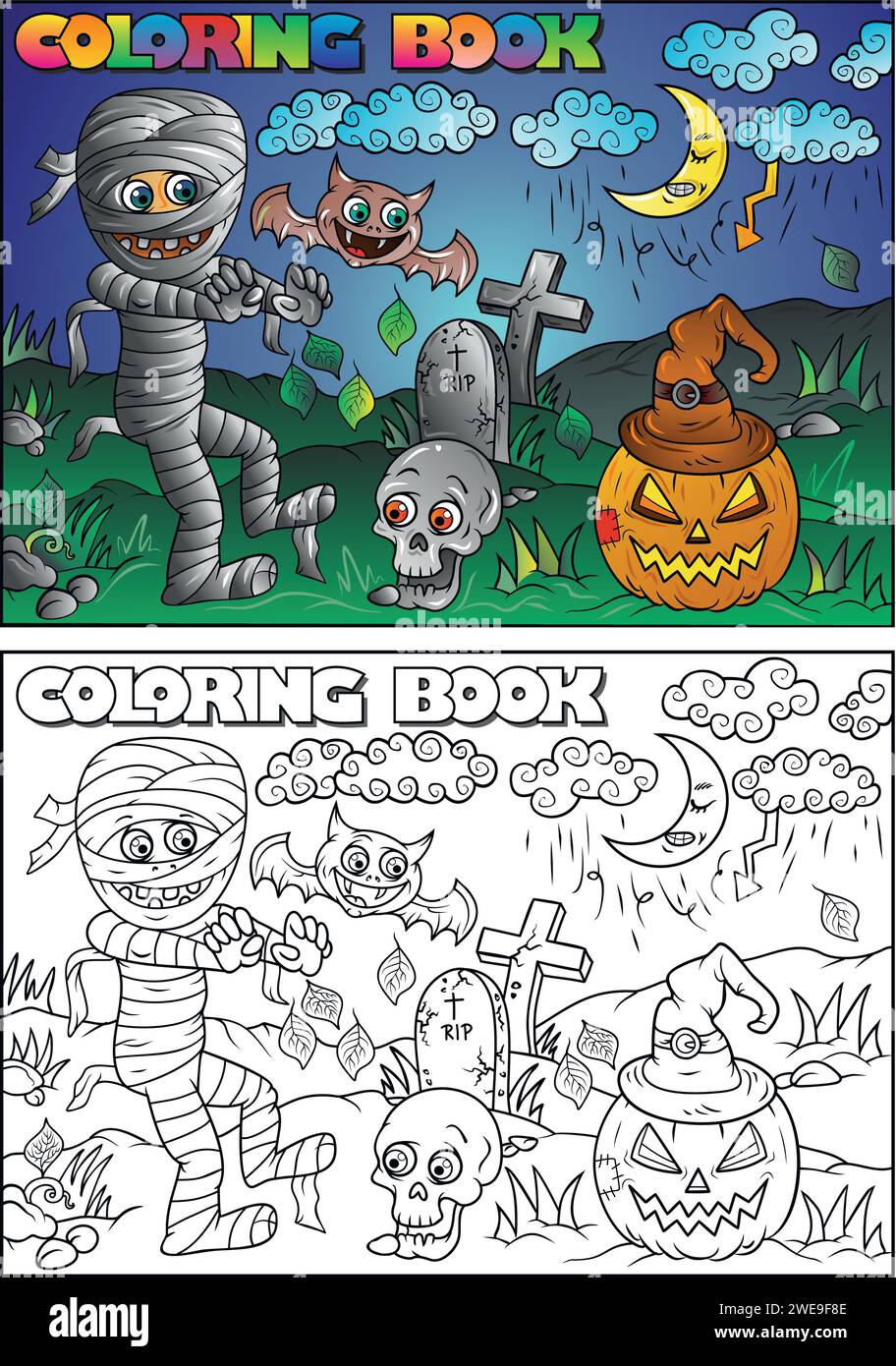 Livre de coloriage pour enfants pour Halloween, momie, crâne, tombe, citrouille, chauve-souris, lune, nuage - thème Halloween Illustration de Vecteur