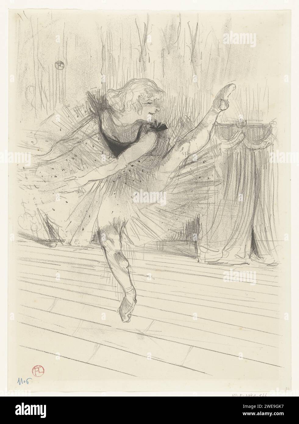 Portret van Danseres Ida Heath, Henri de Toulouse-Lautrec, 1894 tirage Portrait de la danseuse anglaise Ida Heath. Elle danse vêtue de tutu et de chaussures de ballet sur scène dans une parodie du ballet classique. portrait papier de danseur. robe de ballet Banque D'Images