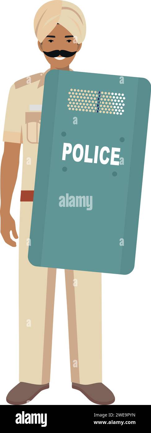 Officier policier indien debout avec bouclier de protection en métal en turban et icône de caractère uniforme traditionnel en style plat. Illustration vectorielle. Illustration de Vecteur