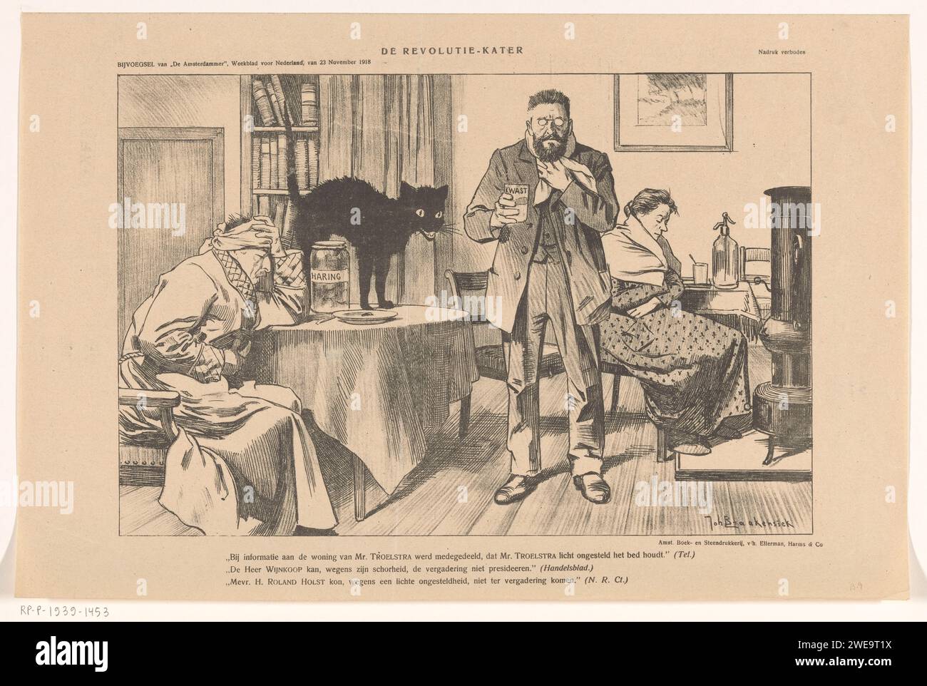 De Revolution Kater, Johan Braakensiek, 1918 print Pieter Jelles Troelstra, David Wijnkoop et Henriëtte Roland Holst, malades et déprimés dans un salon. Sur la table un pot de hareng et une gueule de bois noire souriante. Wijnkoop tient un verre avec une brosse, une boisson avec du jus de citron. Caricatures et satires politiques sur papier d'Amsterdam. cat. Patient, malade pays-Bas Banque D'Images