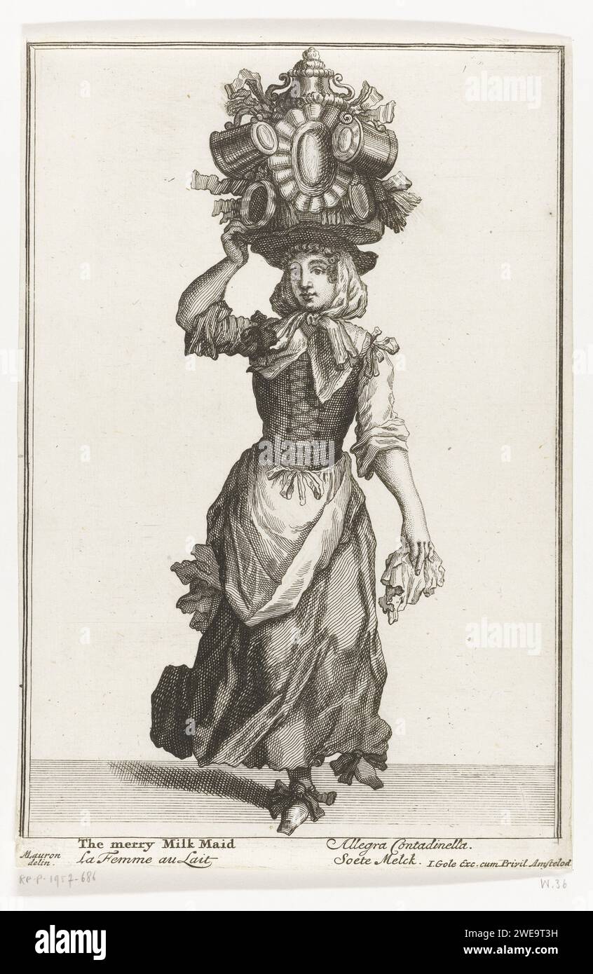 Melkmeid, Jacob Gole, d'après John Savage, d'après Marcellus Laroon (I), 1688 - 1724 imprimer Une fille avec un tonneau de traite ornemental sur sa tête, sur lequel des tasses pendent. Elle vend du lait. L'estampe a une légende anglaise, française, italienne et néerlandaise et fait partie d'une série sur les vendeurs de rue à Londres. Après impression par : Londonpublisher : Amsterdam papier gravure / gravure 'cris de Paris', cris of London, etc - BB - femmes engagées dans le commerce et le commerce. milkmaid Banque D'Images