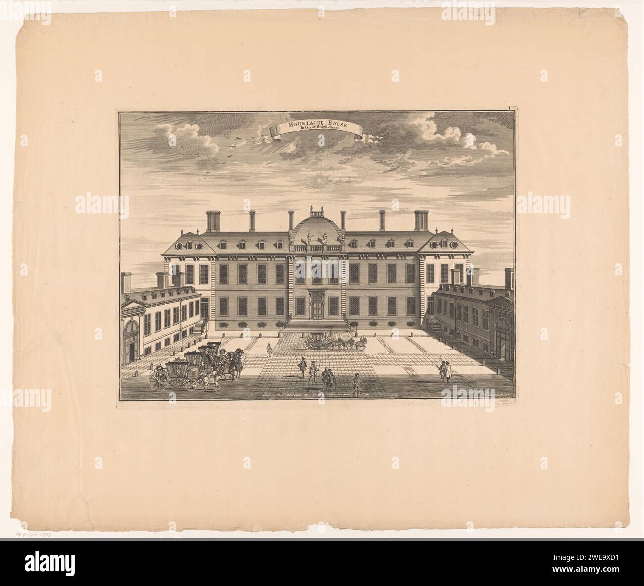Vue de Montagu House dans Great Russell Street à Bloomsbury London, Sutton Nicholls, 1720 - 1731 print London papier gravure / gravure Hôtel, i.e. petit palais dans la ville de Londres Banque D'Images