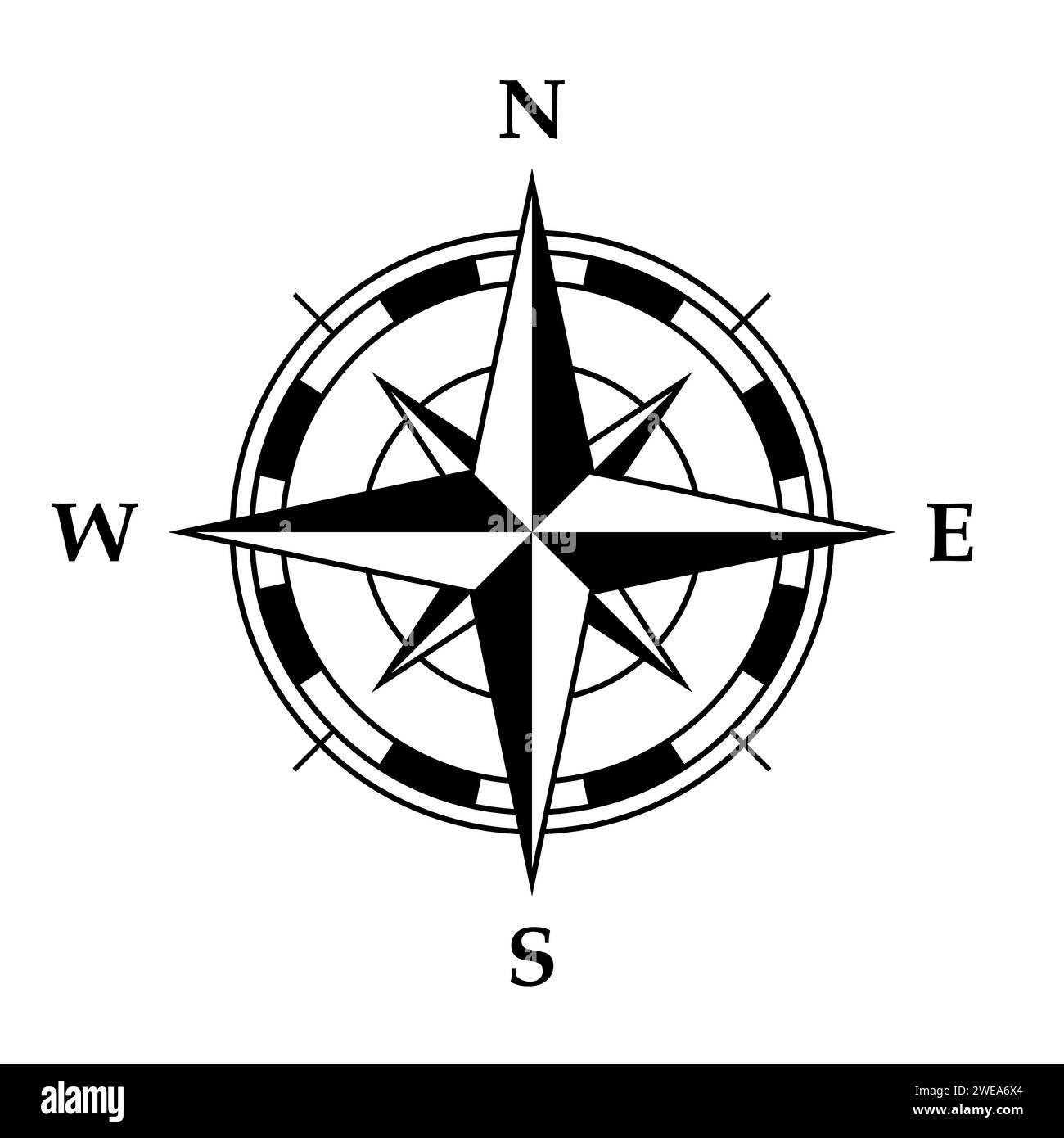 Symbole de rose de boussole, illustration vectorielle en noir et blanc de quatre directions cardinales Illustration de Vecteur