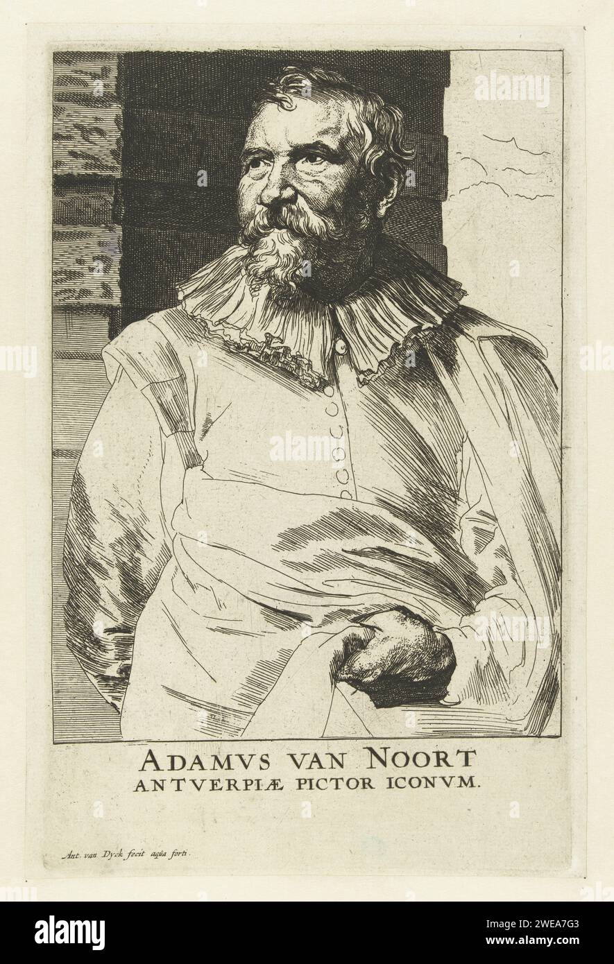 Portrait d'Adam van Noort, Anthony Van Dyck, 1630 - 1632 tirage Portrait d'Adam van Noort avec légende Adamvs van Noort Antverpiae Pictor Iconvm Low Countries papier gravure / gravure portrait, autoportrait du peintre Banque D'Images
