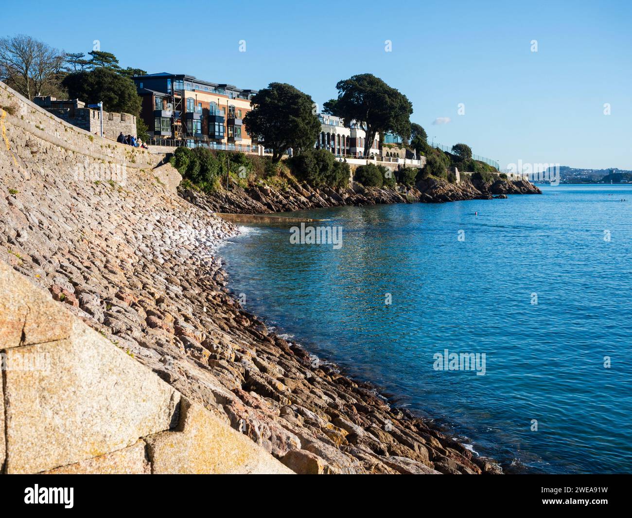Le soleil d'hiver de janvier brille sur la mer et la rive rocheuse de Firestone Bay, Plymouth Sound, Plymouth, Devon, Royaume-Uni Banque D'Images