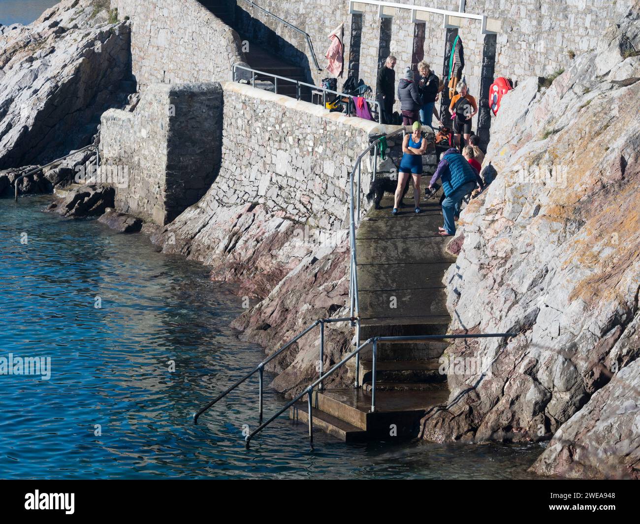 Nageurs de mer en janvier soleil sur les marches du rivage rocheux à Firestone Bay, Plymouth Sound, Plymouth, Devon, Royaume-Uni Banque D'Images