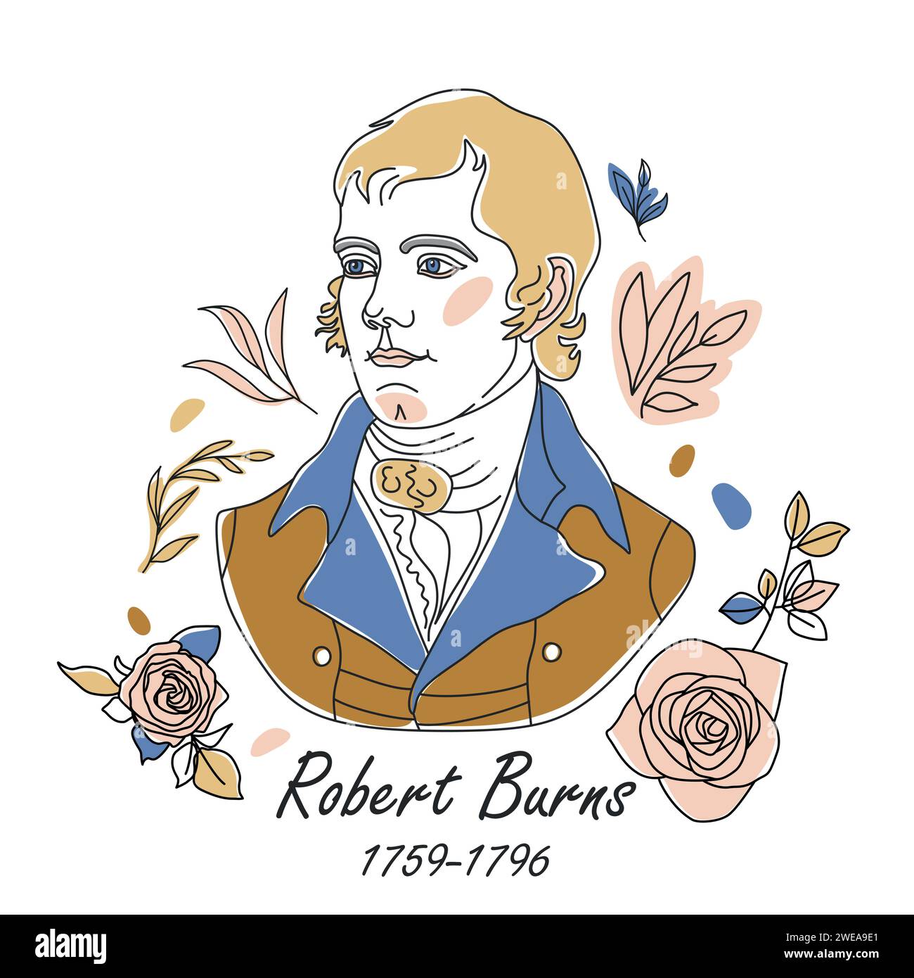 Élément de ligne d'icône Robbie Burns Night. Illustration vectorielle de Robbie Burns ligne d'icône isolée sur fond blanc propre avec des roses Illustration de Vecteur