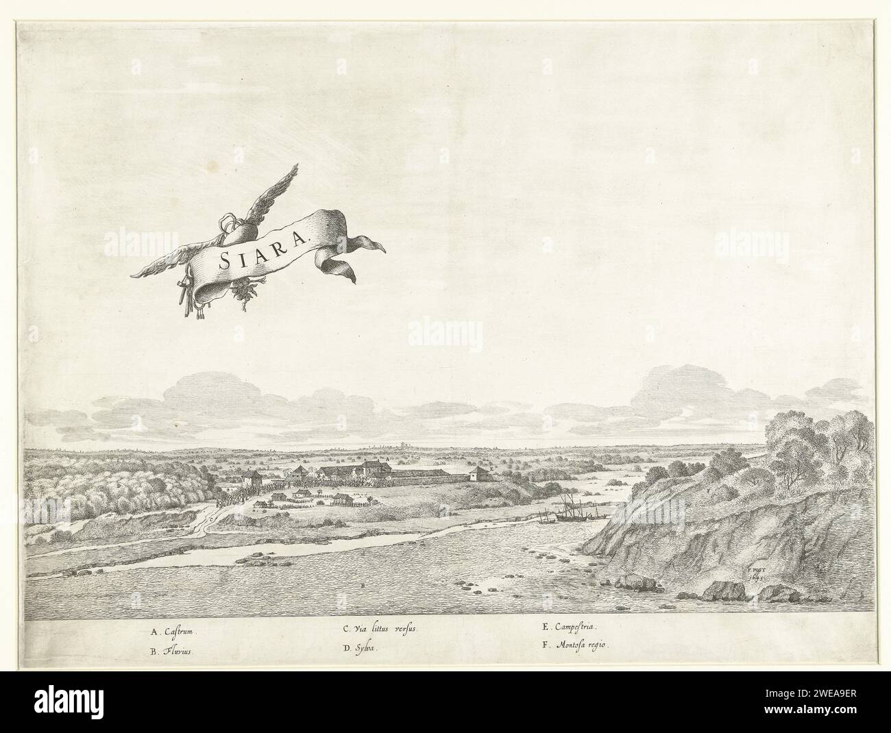 Vue de Siara, ca. 1636-1644, Jan van Brosterhuyzen, d'après Frans Jansz Post, 1645 - 1647 imprimer vue du fort de Siara ou Ceará (Fortaleza), ca. 1636-1644. Dans les airs une banderole ailée avec le titre. Dans la légende l'explication des lettres A-F en latin. Pays-Bas papier gravure / gravure forteresse Fortaleza Banque D'Images