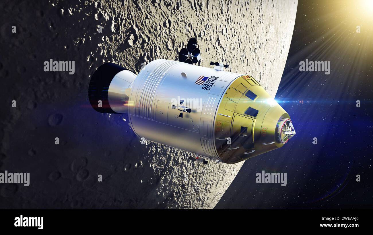 Vaisseau spatial du module de commande et de service Apollo de la NASA orbitant autour de la lune, rendu 3D. Banque D'Images