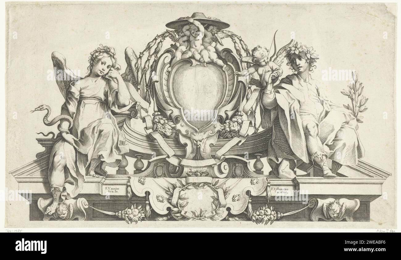 Fronton avec un cartouche, flanqué de deux anges, Francesco Villamena, d'après Francesco Vanni, 1576 - 1624 impression au milieu du sommet sont trois putti sous un chapeau cardinal. Italie (éventuellement) gravure sur papier Banque D'Images
