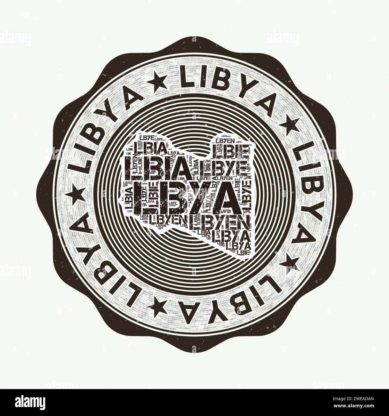 Libye Seal. Logo rond du pays avec la forme de la Libye et le nom du pays en plusieurs langues wordcloud. Emblème étonnant. Illustration vectorielle radiante. Illustration de Vecteur