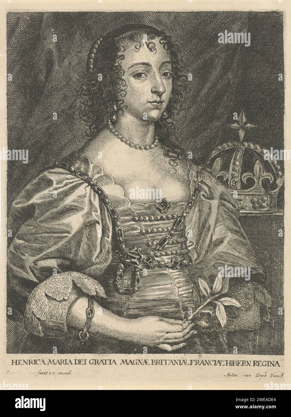 Portrait d'Henrietta Maria van Bourbon, reine d'Angleterre, Joannes Meyssens, d'après Anthony Van Dyck, 1640 - 1670 tirage Portrait d'Henrietta Maria van Bourbon, reine d'Angleterre. Dans sa main, elle tient une branche avec des feuilles. A droite à côté d'elle une couronne. Anvers gravure sur papier / gravure couronne (symbole de souveraineté) Banque D'Images