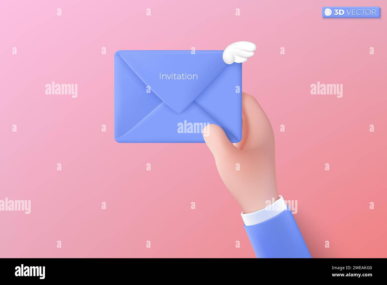 main et enveloppe d'invitation avec symbole d'icône d'aile d'angle. Donner email d'amour, message dans l'amour, mère et concept de salutations de Saint-Valentin. iso vectoriel 3D. Illustration de Vecteur