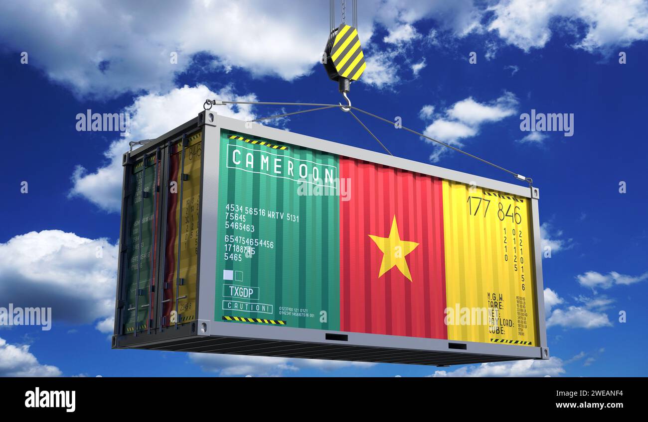Conteneur d'expédition de fret avec drapeau national du Cameroun accroché sur crochet de grue - illustration 3D. Banque D'Images