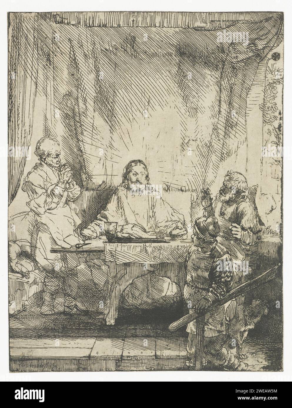 Christ à Emmaus, Rembrandt van Rijn, 1654 imprimer papier japonais (papier fait main) gravure du souper à Emmaus : Christ est reconnu en bénissant ou en cassant le pain Banque D'Images