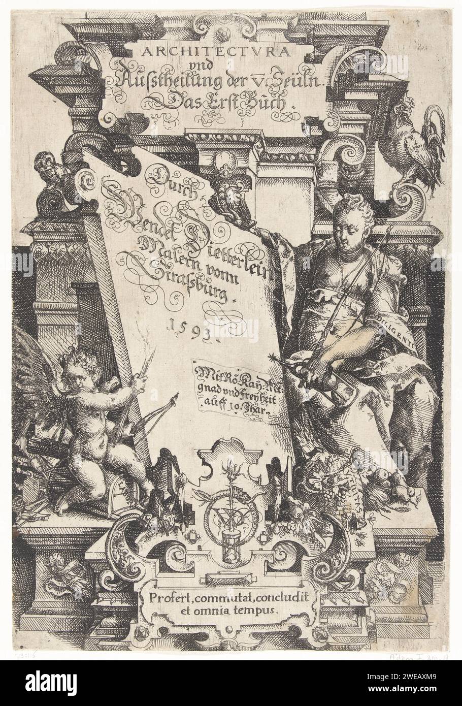 Page de titre du livre I. Tablette de Stenen avec inscription entre Diligentia et Amor, Wendel Dietterlin (I), 1560 - 1593 tirage Titelblad van de Duitse editie van de series architecture. Quinqz colonnes simmetric avec distribution ... met zuilen, kapitelen, vensters en portalen. Allemagne (peut-être) gravure du papier Banque D'Images
