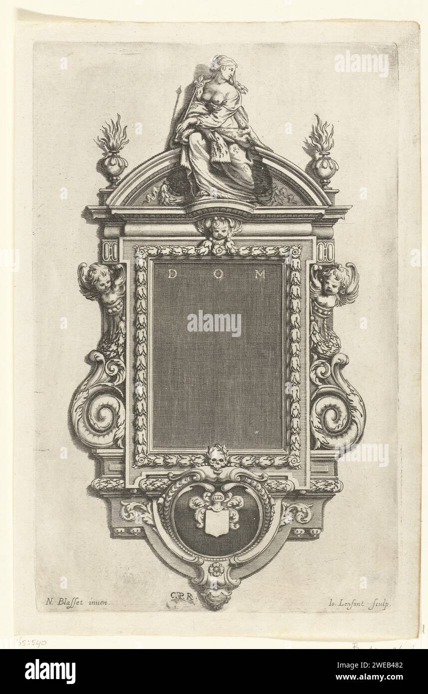 Epitaaf avec femme, Jean Lenfant, d'après Nicolas Blasset, 1625 - avant 1641 imprimer champ rectangulaire avec les lettres stupides au-dessus duquel une femme est assise avec un sceptre, couronné d'une fleur de lys. De la série de 7 magazines. France (éventuellement) gravure sur papier Banque D'Images