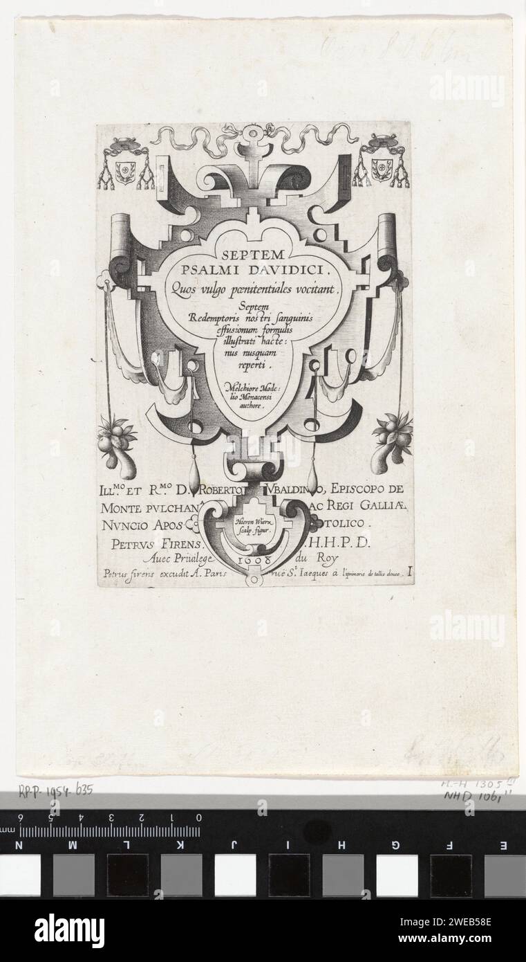 Cartouche avec titre, Hieronymus Wierix, 1608 print cartouche avec titre de la série en latin. Dans les coins supérieurs, le blason de la personne à qui l'impression est dédiée. En bas du magazine une assignation de quatre lignes en latin. Imprimeur : Antwerppublisher : Paris gravure sur papier du livre des Psaumes. ornement  cartouche Banque D'Images