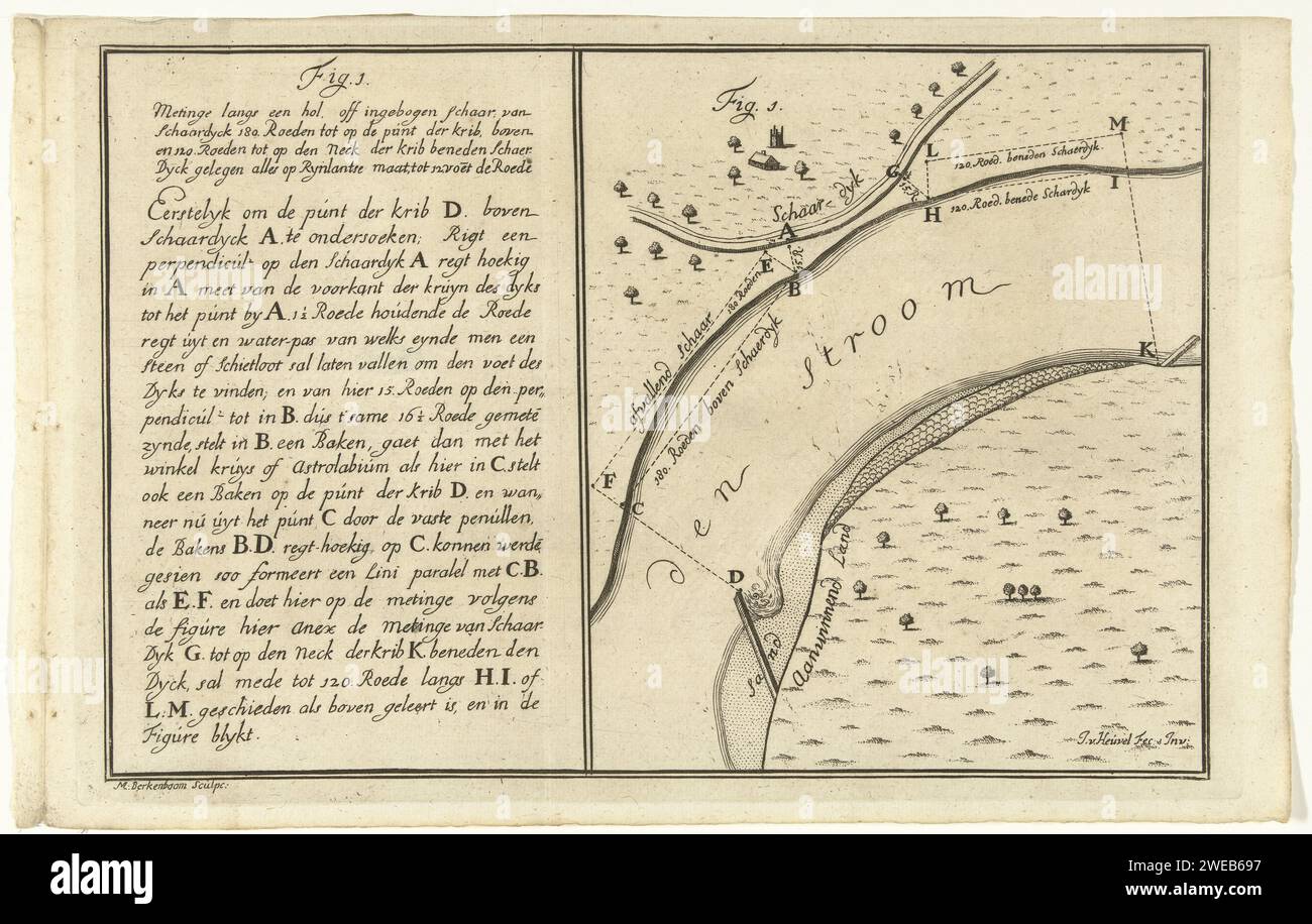 Carte d'un virage dans une rivière et un Schaarijk, Martinus Berkenboom, d'après J. van Heuvel, 1650 - 1715 imprimer carte d'un virage dans une rivière et d'une escarmouche. A gauche une légende de A-M.. L'impression fait partie d'une série d'impressions sur le génie hydraulique et la remise en état. Marécages et polders de gravure de papier de Nijmegen. digues, digues Banque D'Images