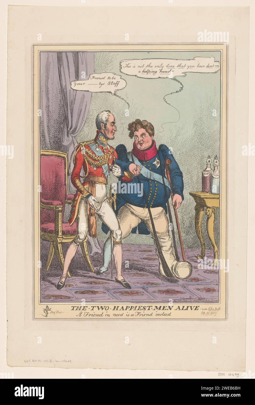 George IV et le duc de Wellington, William Heath, 1827 Cartoon on the gratitude of King George IV to the Duc of Wellington lorsqu'il accepta un nouveau poste dans un nouveau ministère en 1827. Le duc soutient le roi qui court dans le plâtre avec une jambe. Imprimeur : Englandpublisher : béquilles de gravure sur papier de Londres. traitement par immobilisation, harnais, attelle, plâtre, etc. caricatures et satires politiques Banque D'Images