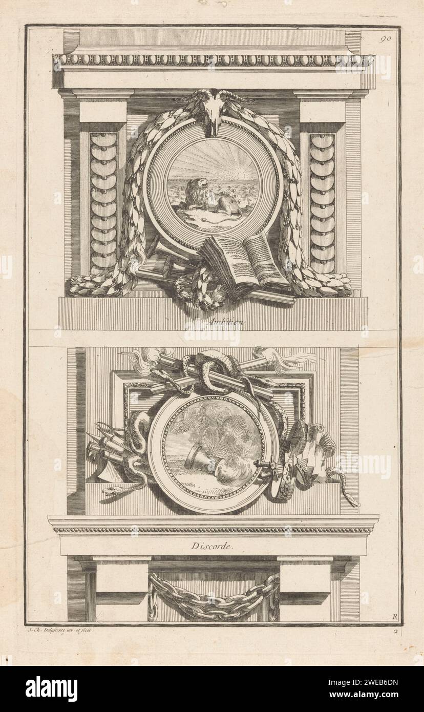 Ambition et désaccord, Jean Charles Delafosse, 1768 - 1771 imprimer Un designer-de-port avec guirlandes, un livre, trompettes, une torche, couronnes de Laurier, un buccanium et un médaillon rond avec un lion. En dessous de cela un designer-de-porte avec des armes, des serpents, des torches, des couronnes et un médaillon rond avec un objet brûlant. Impression numéro 90. Paris papier gravure / gravure ambition ; 'ambition '' Love Gods' (Ripa). Désaccord, discorde ; « discorde » (Ripa) Banque D'Images