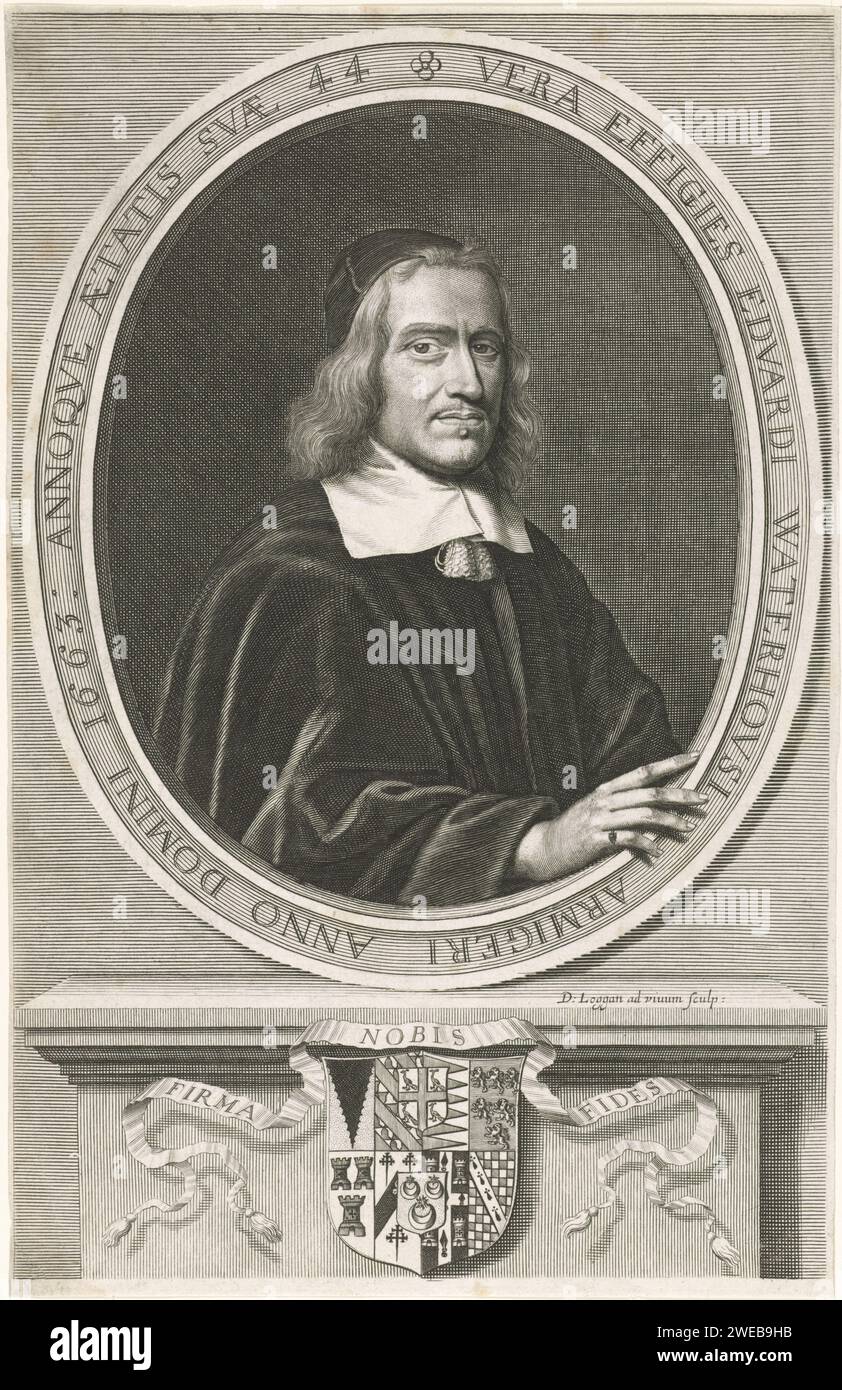 Le port Van Edward Waterhouse, David Logog, 1643 - 1692 tirage Portrait d'Edward Waterhouse, antiquaire et écrivain anglais. Sous le portrait, l'écusson familial de Waterhouse. gravure sur papier Banque D'Images