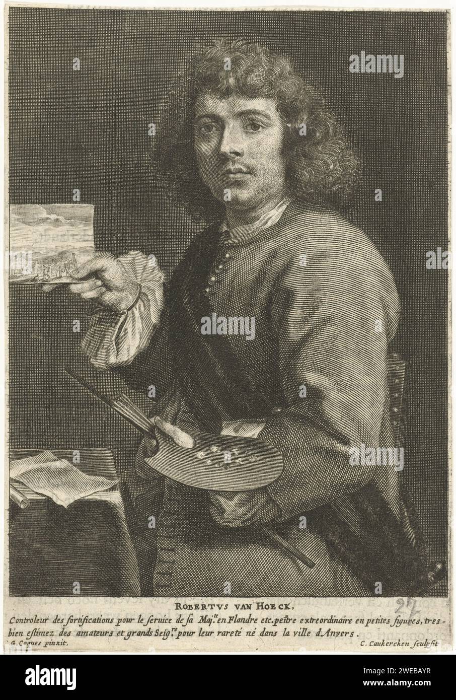 Portrait du peintre Robert van den Hoecke, Cornelis van Caukercken, d'après Gonzales coques, c. 1640 - 1680 estampe gravure sur papier des pays-Bas du Sud / typographie peintre au travail, dans son atelier Banque D'Images