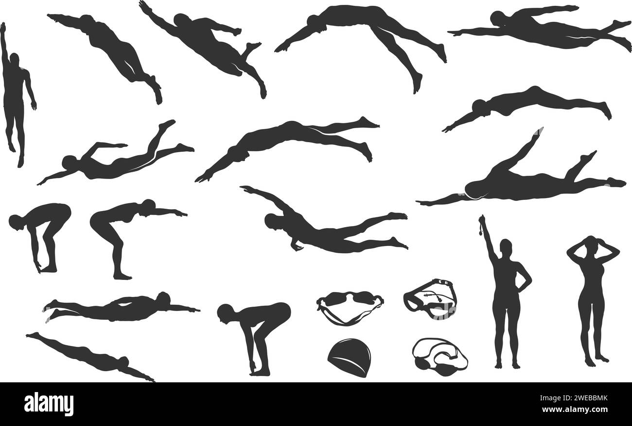 Silhouettes de natation, silhouette de nageur, silhouette de natation femme, silhouette de nageur dos Illustration de Vecteur