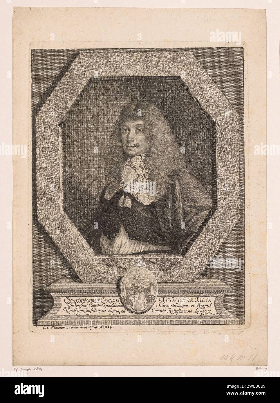 Portrait van Christoph Karl Wölcker, Georg Christoph Emmart (II), 1669 papier gravure de personnages historiques. roulement armorial, héraldique. dentelle Banque D'Images