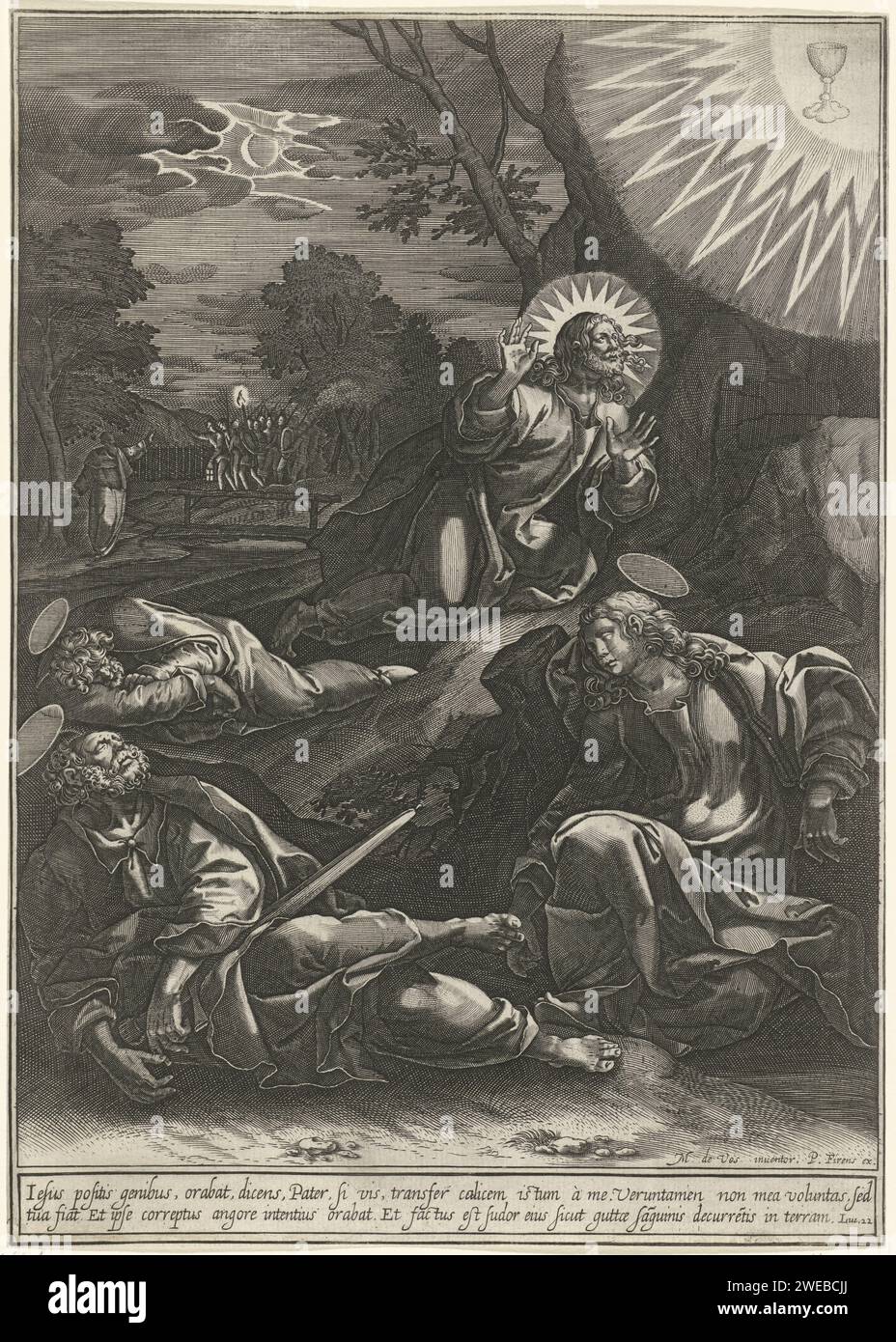 Christ dans le jardin de Getsémane, Anonyme, d'après Johann Sadeler (I), d'après Maerten de vos, 1590 - 1638 imprimer le Christ priant et les apôtres endormis dans le jardin de Getsémane. Dans le coin supérieur droit une vision avec un calice lumineux. En arrière-plan, Judas entre à Getsémane avec les soldats. L'impression a une légende latine avec un texte de la Bible et est la deuxième impression d'une série de quatorze parties sur la passion du Christ. Après impression par : Antwerppublisher : papier du sud des pays-Bas gravant la prière du Christ dans le jardin de Gethsémani pendant la nuit Banque D'Images