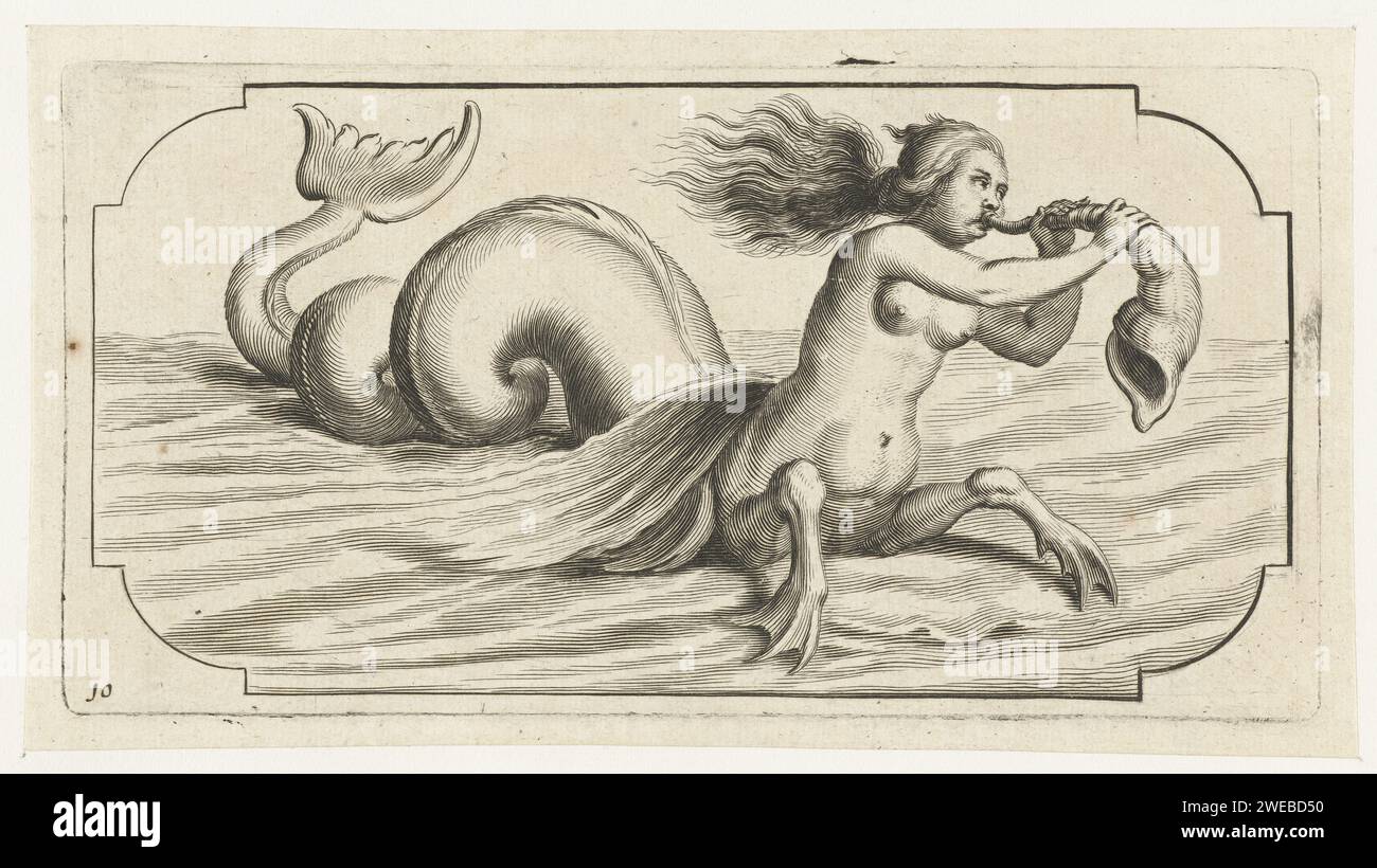 Une figure féminine souffle sur une coquille, Anonymous, d'après Hendrick de Keyser (I), c. 1623 - 1656 estampe Amsterdam (peut-être) gravure sur papier triton(s). Triton souffle sur une coquille de mer tordue pour soulever ou calmer les vagues Banque D'Images