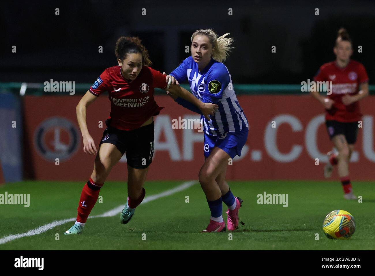 Londres, Royaume-Uni. 24 janvier 2024. Tegan McGowan (Charlton Athletic 11) et Poppy Pattinson (Brighton 3) se battent pour la possession lors du match de football de la Continental Tyres League Cup entre Charlton Athletic et Brighton et Hove Albion à Oakwood à Londres, en Angleterre. (James Whitehead/SPP) crédit : SPP Sport Press photo. /Alamy Live News Banque D'Images