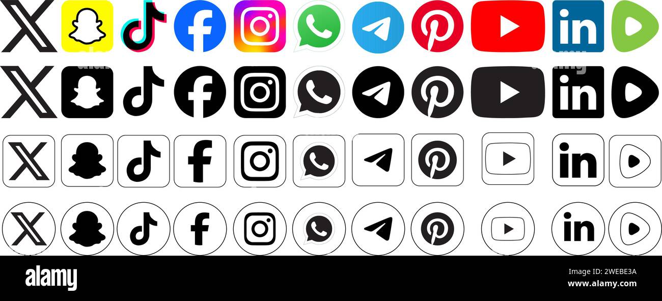 Janvier 24 2024 : logos couleur, noir et transparent, carrés et arrondis des principaux logos de la société de médias sociaux. Facebook, Twitter, Whatsapp, Yout Illustration de Vecteur