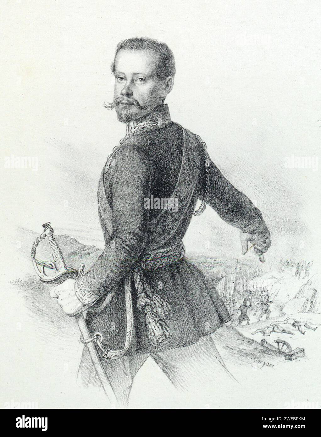 Victor Emmanuel II (1820 – 1878) Roi de Sardaigne Portrait de Victor Emmanuel, avec une bataille en arrière-plan (1848) de Paolo Emilio Morgari Banque D'Images