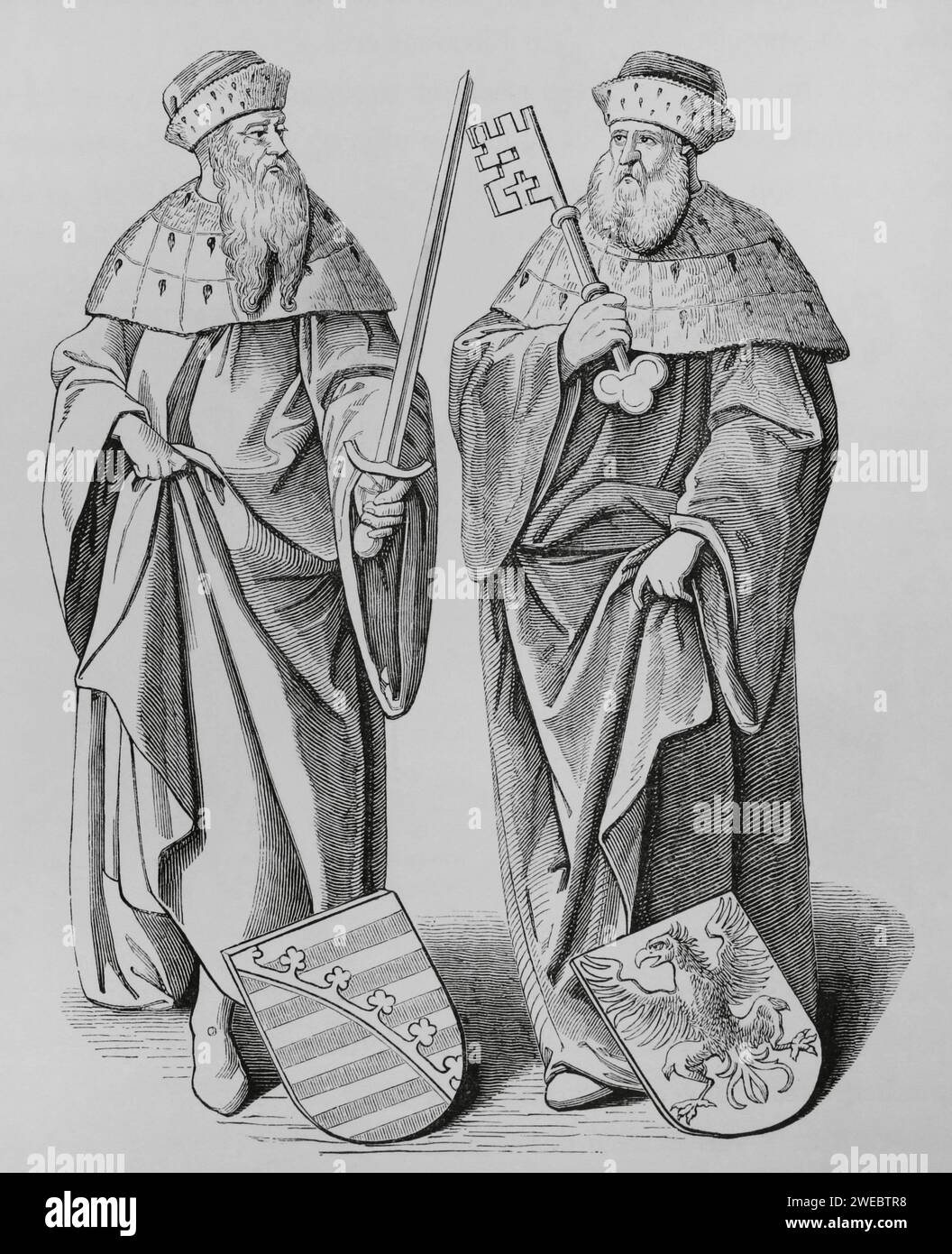 Le duc de Saxe et le marquis de Brandebourg. Gravure de Viericx d'après Gérard de Jode (1517-1591) dans 'Theatrum Orbis Terrarum sive Veteris Geographiae Tabulae', 1624. « Moeurs, usages et costumes au moyen-âge et à l'époque de la Renaissance », par Paul Lacroix. Paris, 1878. Banque D'Images