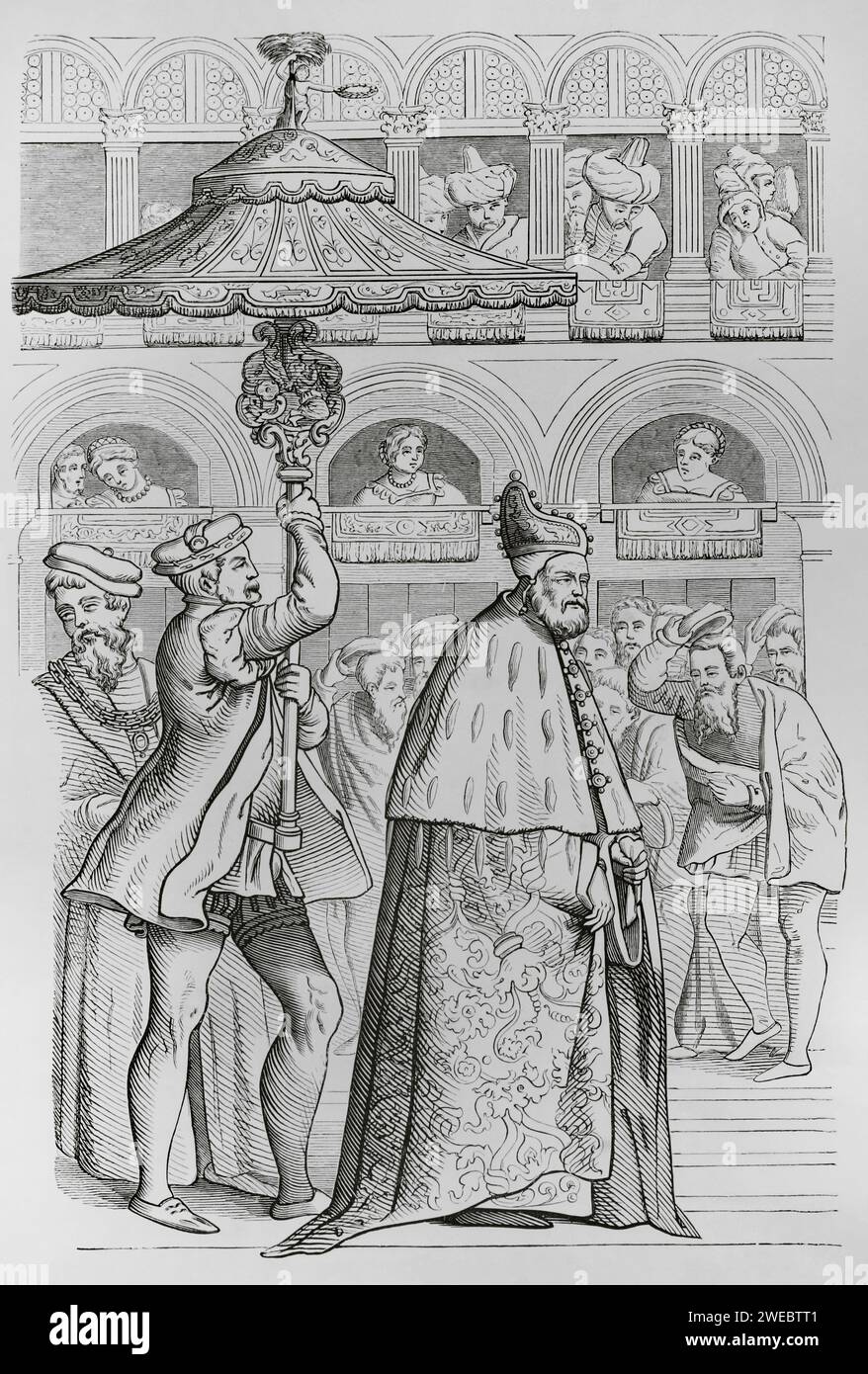 Grande procession du Doge de Venise. Reproduction d'une gravure du 16e siècle de Jost Amman. « Moeurs, usages et costumes au Moyen Age et a l'époque de la Renaissance. » Paris, 1878. Banque D'Images
