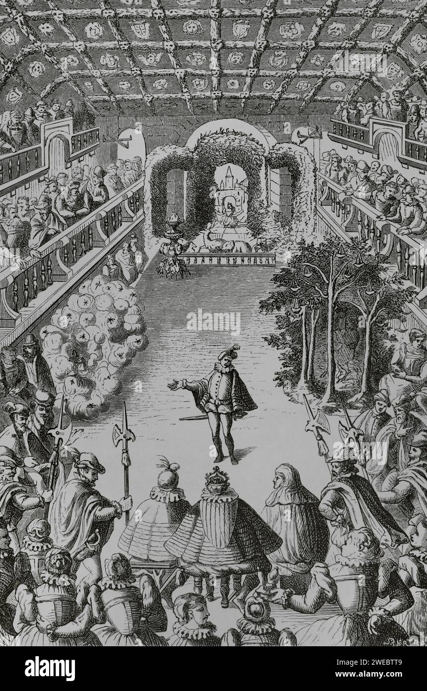 France, Paris. Représentation d'un spectacle de cour devant le roi Henri III (1551-1589) et sa cour, dans la galerie du Louvre, le 15 octobre 1581. Première scène du Ballet comique de la Royne. A l'occasion du mariage du duc de Joyeuse avec Marguerite de Lorraine, belle-sœur du roi, la reine mère Catherine de Médicis organisa une prestation somptueuse, dirigée par le chorégraphe Balthazar de Beaujoyeulx (vers 1535 - vers 1950). 1587). Fac-similé d'une gravure publiée à Paris en 1582. « Moeurs, usages et costumes au moyen-âge et à l'époque de la Renaissance », par Paul Lacroix. Banque D'Images