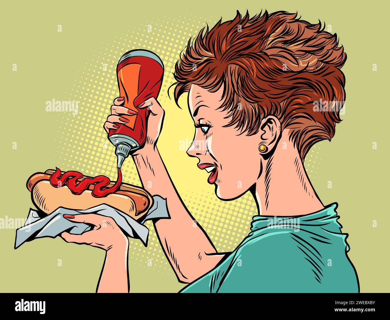 Délicieux fast-food et Street food pour tous les clients. Une fille avec un grand appétit verse du ketchup sur un hot-dog. Nourriture malsaine, mais très savoureuse. Pop Art Illustration de Vecteur