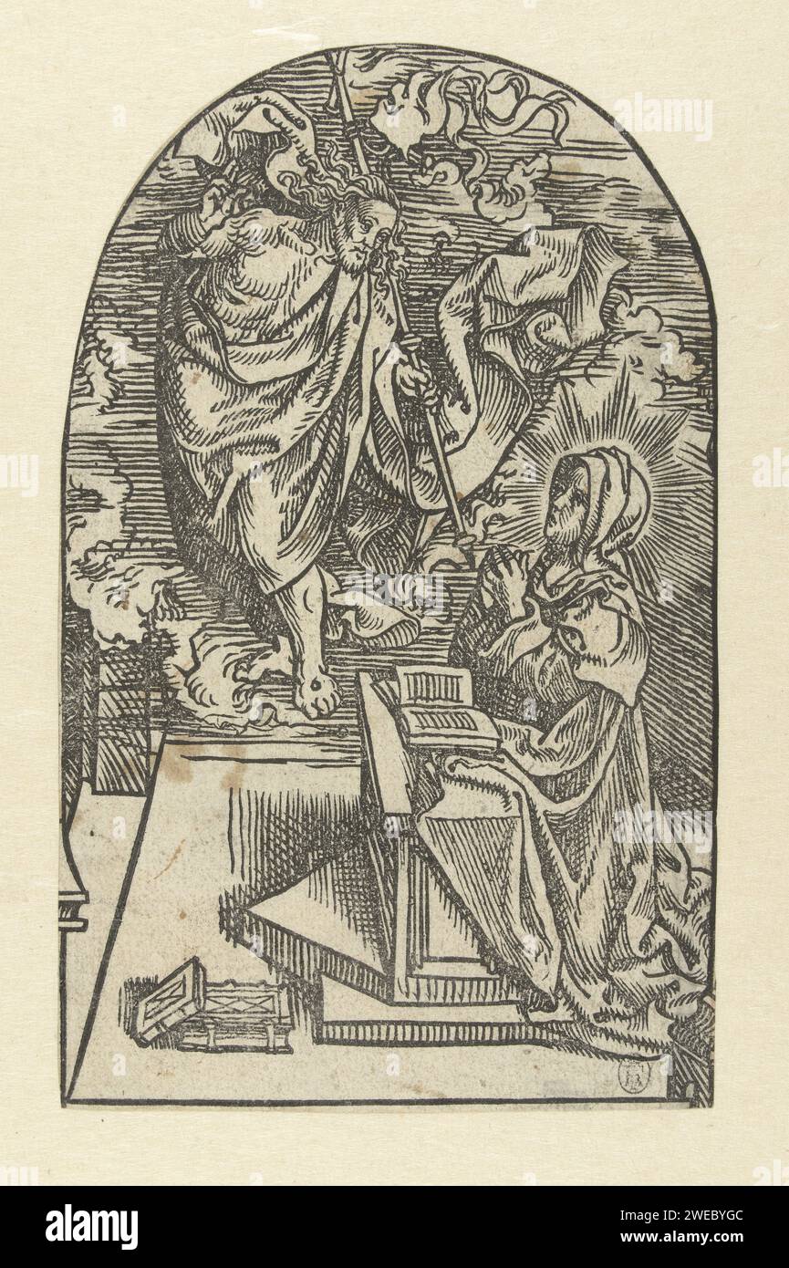 Christ apparaît à Maria, Jacob Cornelisz van Oostsanen, 1507 estampe fragment d'une estampe avec quatre représentations, d'une série de sept. Maria s'agenouilla avec un livre, Christ avec un drapeau dans un nuage. Papier des pays-Bas Christ, peut-être habillé en pèlerin, apparaissant à sa mère, qui est habituellement montré en train de prier Banque D'Images