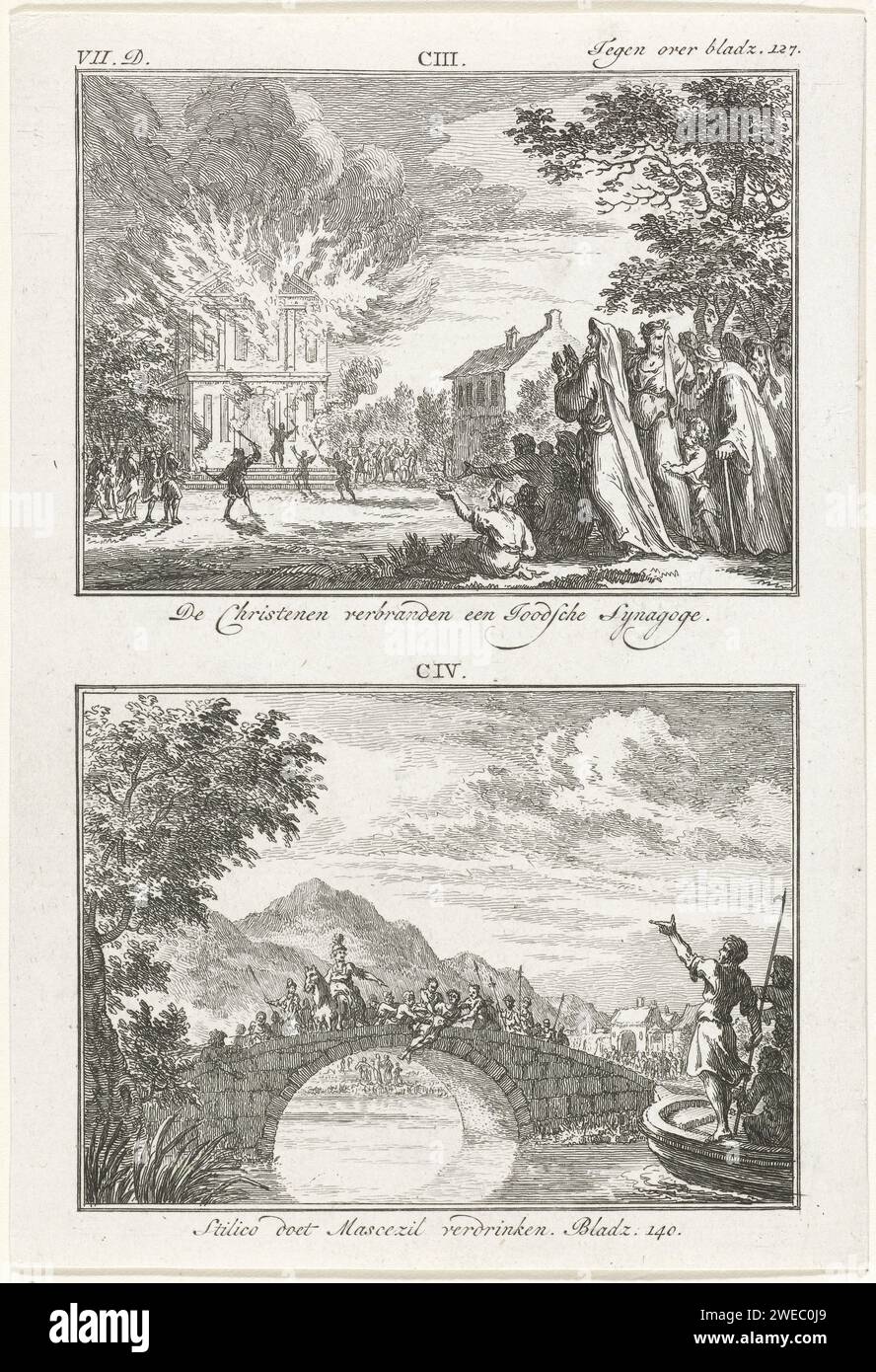 Les chrétiens brûlent une synagogue juive et Flavius Stilicho noie Masczil, Simon Fokke, 1722 - 1784 imprimer représentations de l'histoire romaine. Ci-dessus : avec des torches brûlantes, des personnages ont mis le feu à une synagogue. Au premier plan un groupe de Juifs en deuil. Ci-dessous : des figures armées sur un pont maintiennent masczil au-dessus de l'eau. Flavius Stilichote semble donner des ordres de son cheval. Deux représentations d'une plaque, numérotées respectivement : CIII et CIV. La feuille est marquée en haut à gauche : VII.D. Amsterdam papier gravure de la synagogue (comme bâtiment et lieu de culte  religion juive). en feu, ablaze. violent Banque D'Images