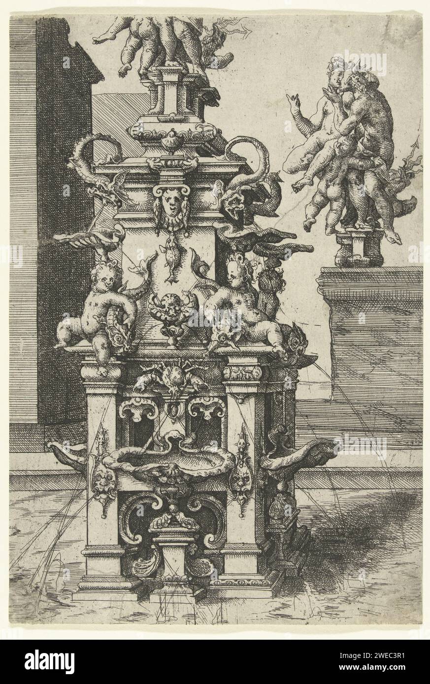 Fontein avec Jupiter et Juno, Wendel Dietterlin (I), 1560 - 1598 imprimer le fût de la fontaine est décoré avec des bassins en forme de coquille et des enfants avec de l'eau-poisson-broche. Sur la droite, le couronnement de la fontaine est affiché. Un des 20 magazines d'une série (Architectura. Von Ausztheilung, Symmetria und proportion der Fünff Seulen ...) composé de 193 magazines et 5 magazines de titre, divisé en cinq livres. Il s'agit d'une deuxième édition étendue de la série décrite sous Orn Cat I-319. Allemagne (peut-être) gravure du papier Banque D'Images