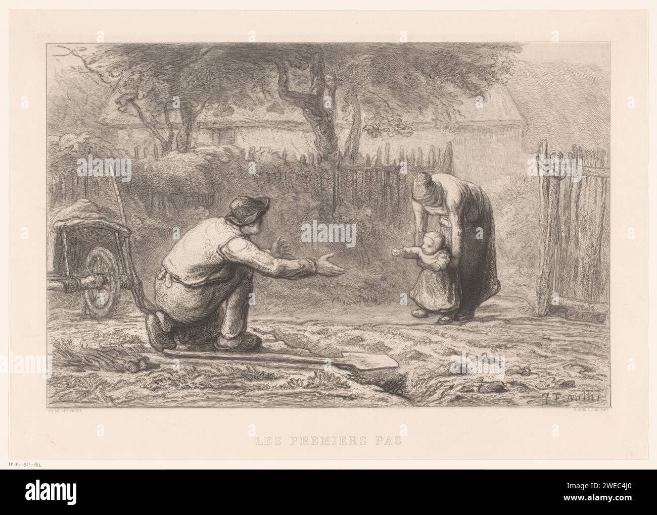 Famille de fermier pour une clôture, Gustave Marie Greux, d'après Jean François Millet, c. 1883 papier gravure apprendre à marcher, les premiers pas Banque D'Images