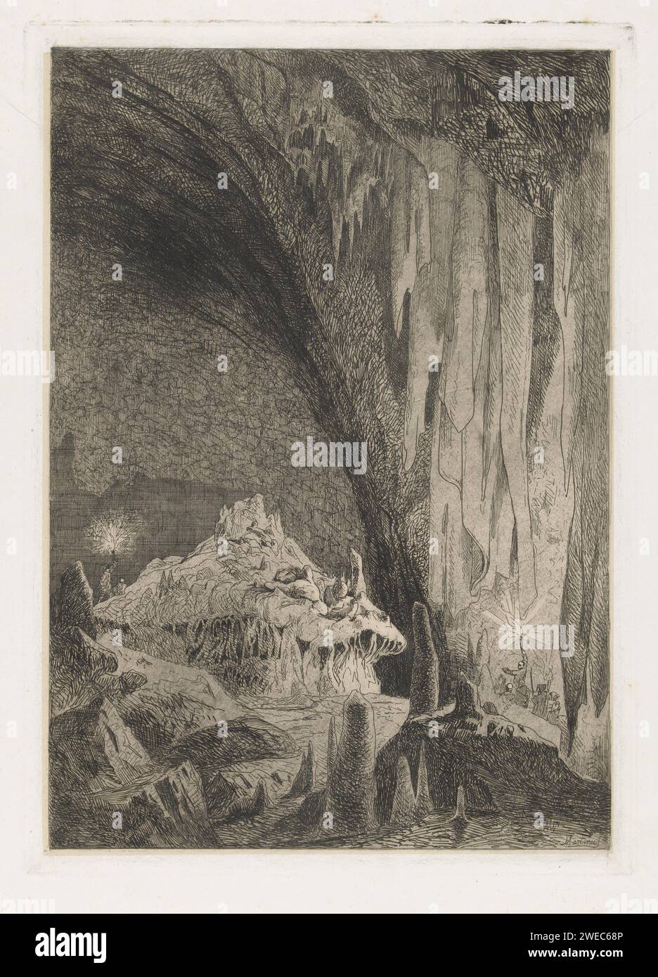 Salle dans les grottes de Han, Martinus Antonius Kuytenbrouwer Jr., 1854 impression dans une salle dans les grottes de Han, deux groupes de visiteurs illuminent les stalagmites et stalactites. Document de Bruxelles. gravure / grotte de la pointe sèche, grotte. Grotte stalactitique Han-sur-Lesse Banque D'Images