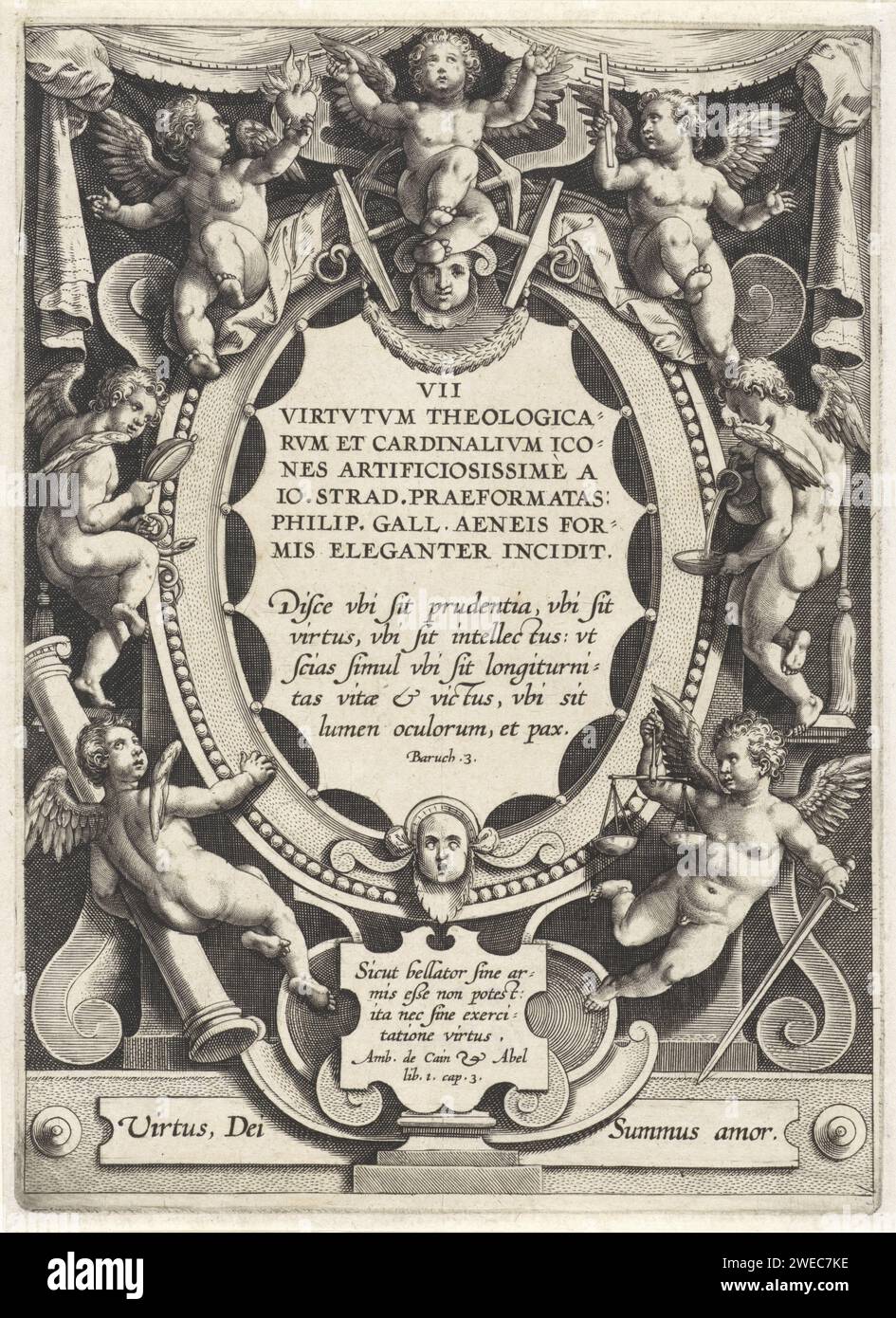 Cartouche avec le titre de la série, entouré de putti, hieronymus wierix, d'après Jan van der Straet, 1563 - avant 1612 impression titre de la série et une citation biblique de cinq lignes de Bar. 3 en latin, dans un cartouche, entouré de putti avec les attributs des trois vertus divines et des quatre vertus cardinales. Sous le cartouche un cadre avec quatre lignes en latin. Papier Anvers gravant les sept vertus (symbolisé) Banque D'Images